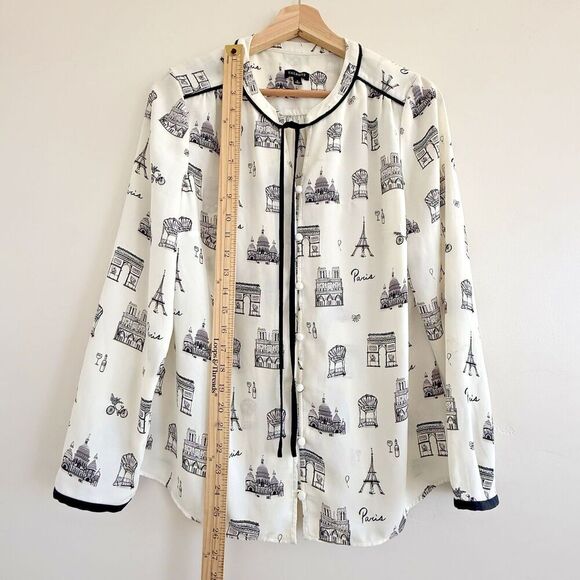 Talbots White and Black Paris Pop Over Top women Size S Button tie Quiet Luxury - Picture 3 of 10